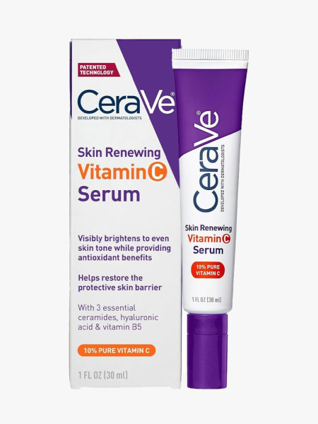 CeraVe Skin Renewing Vitamin C Serum purple and white tube and box on light gray background