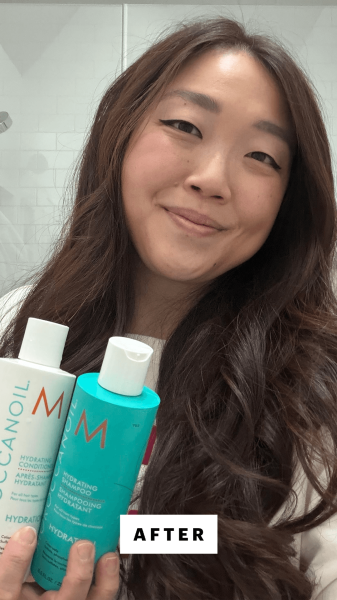 Lee after using the Moroccanoil Hydrating Shampoo and Conditioner Set