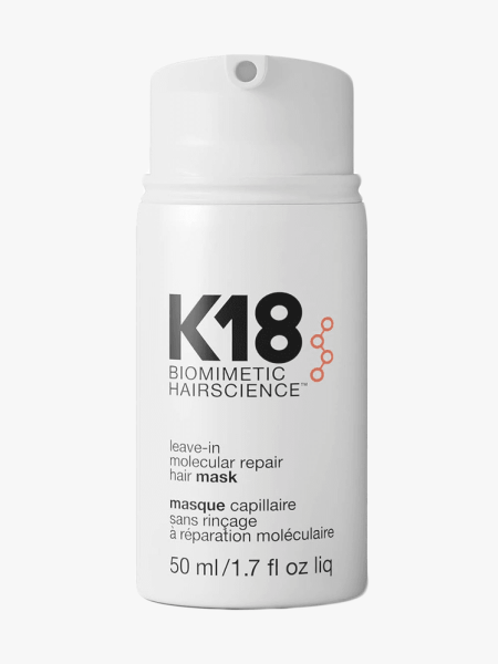 K18 Leave-In Molecular Repair Hair Mask squat white bottle on light gray background
